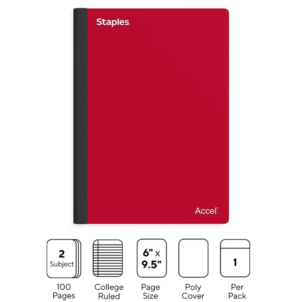 Staples Subject Notebooks<Premium 2-Subject Notebook, 6" x 9.5", College Ruled, 100 Sheets, (TR58327)
