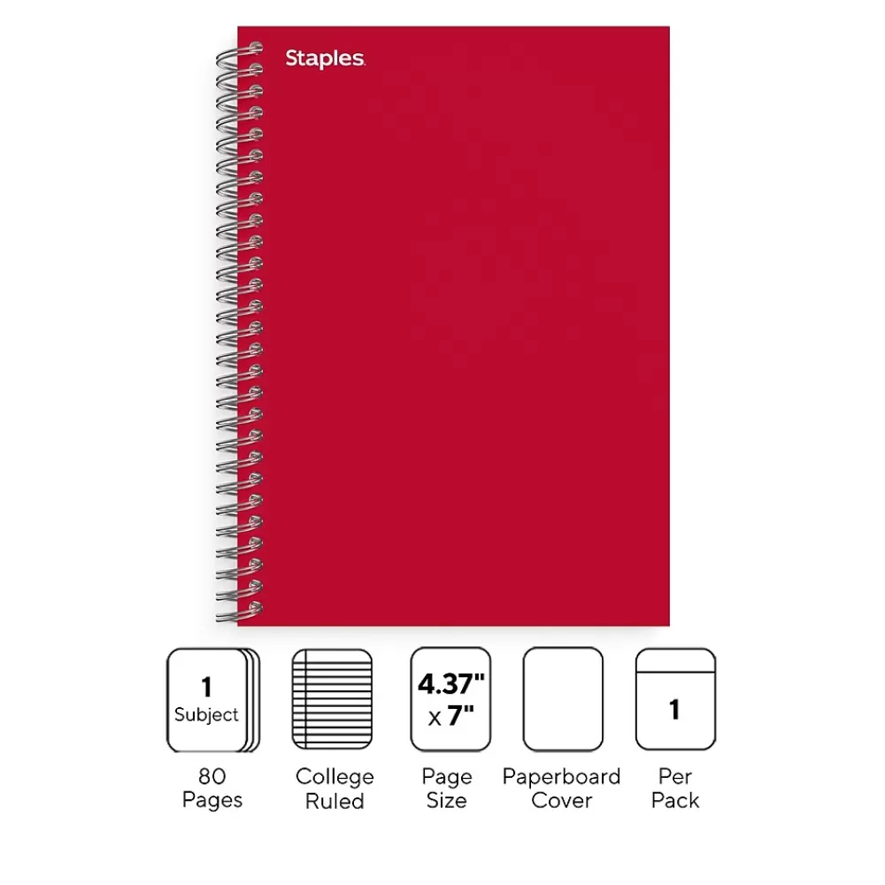 Staples Subject Notebooks<Premium 1-Subject Notebook, 4.38" x 7", College Ruled, 80 Sheets, Red (TR58349)