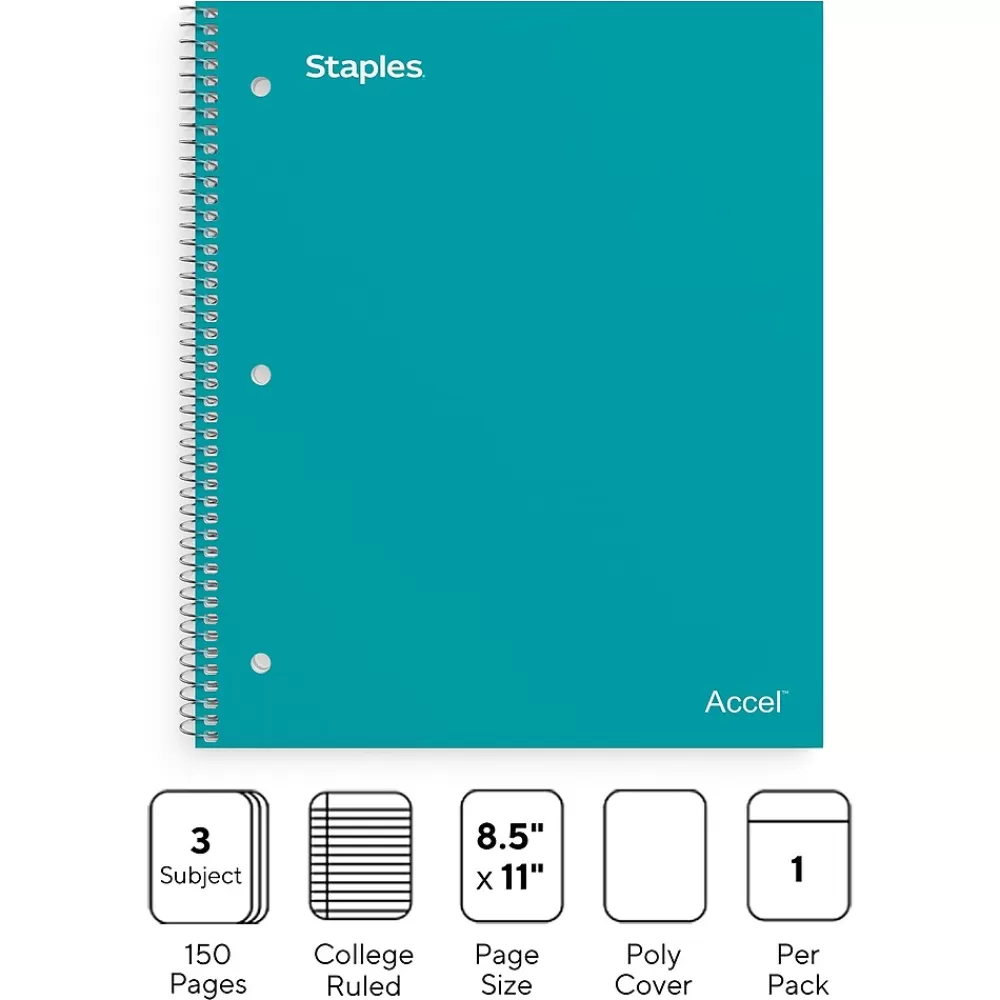Staples Subject Notebooks<Premium 3-Subject Notebook, 8.5" x 11", College Ruled, 150 Sheets, (ST58316)