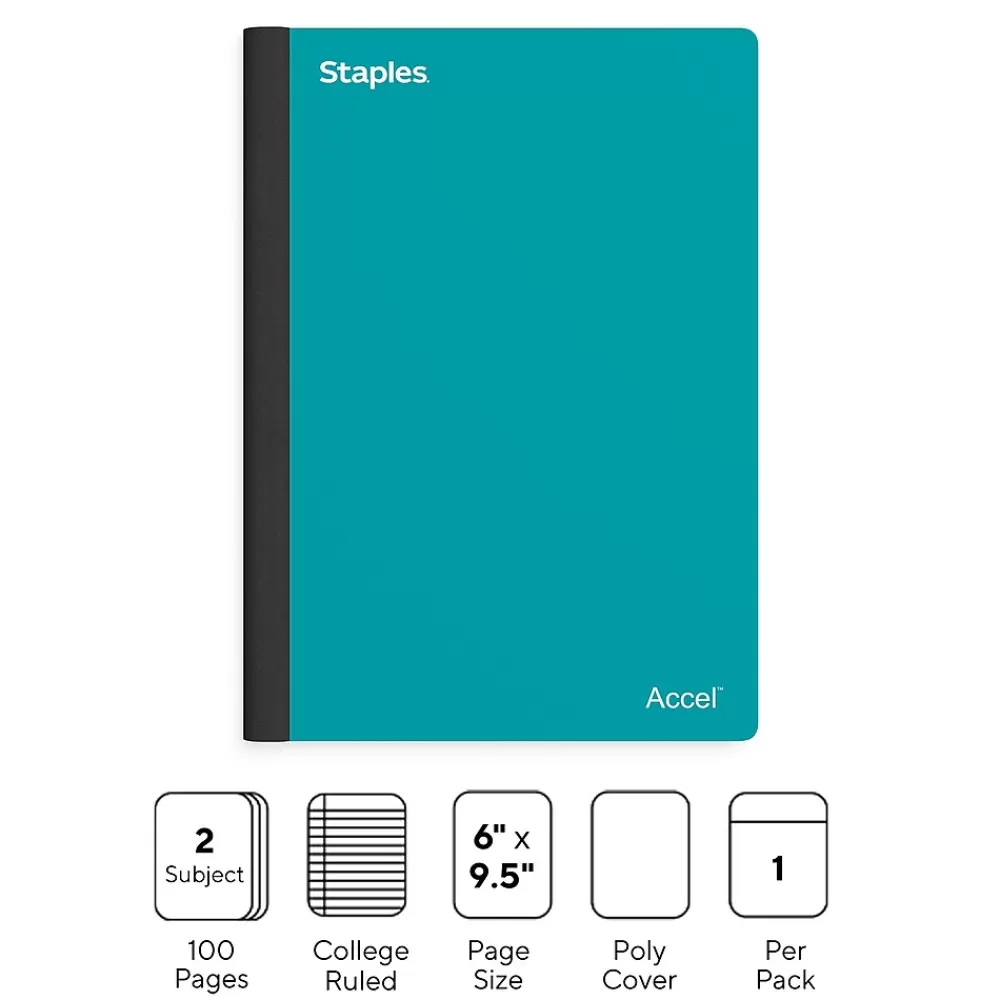 Staples Subject Notebooks<Premium 2-Subject Notebook, 6" x 9.5", College Ruled, 100 Sheets, (ST58328)