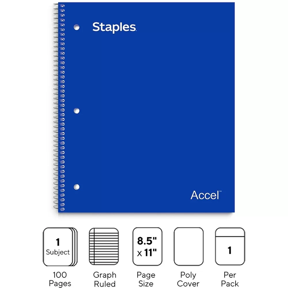 Staples Subject Notebooks<Premium 1-Subject Notebook, 8" x 11", Graph Ruled, 100 Sheets, (ST58323)