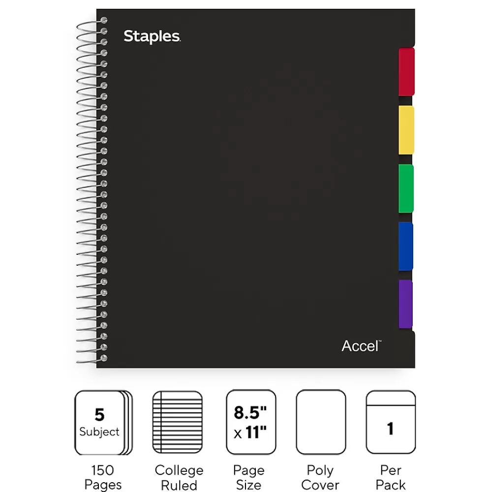 Staples Subject Notebooks<Premium 5-Subject Subject Notebook, 8.5" x 11", College Ruled, 150 Sheets, Black (ST24430D)