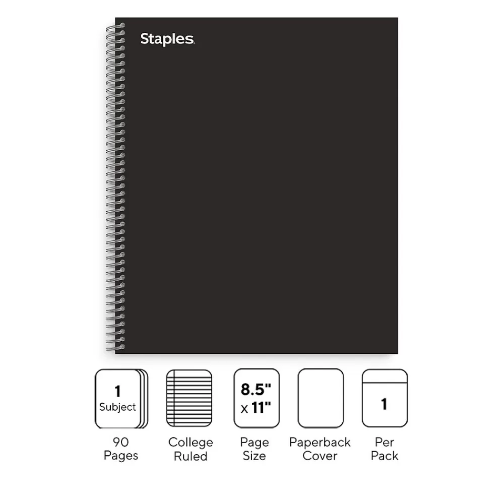 Staples Subject Notebooks<® Premium 1-Subject Subject Notebooks, 8.5" x 11", College Ruled, 100 Sheets, Black (TR58355M-CC)