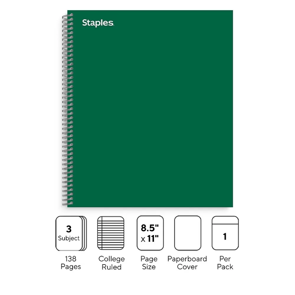 Staples Subject Notebooks<® Premium 3-Subject Subject Notebooks, 8.5" x 11", College Ruled, 150 Sheets, Green (TR58362M-CC)