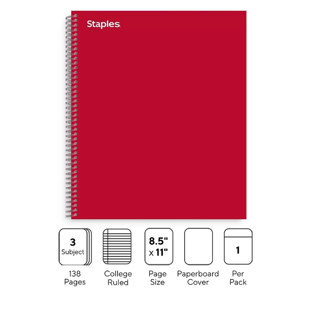 Staples Subject Notebooks<® Premium 3-Subject Subject Notebooks, 8.5" x 11", College Ruled, 150 Sheets, Red (TR58361M-CC)