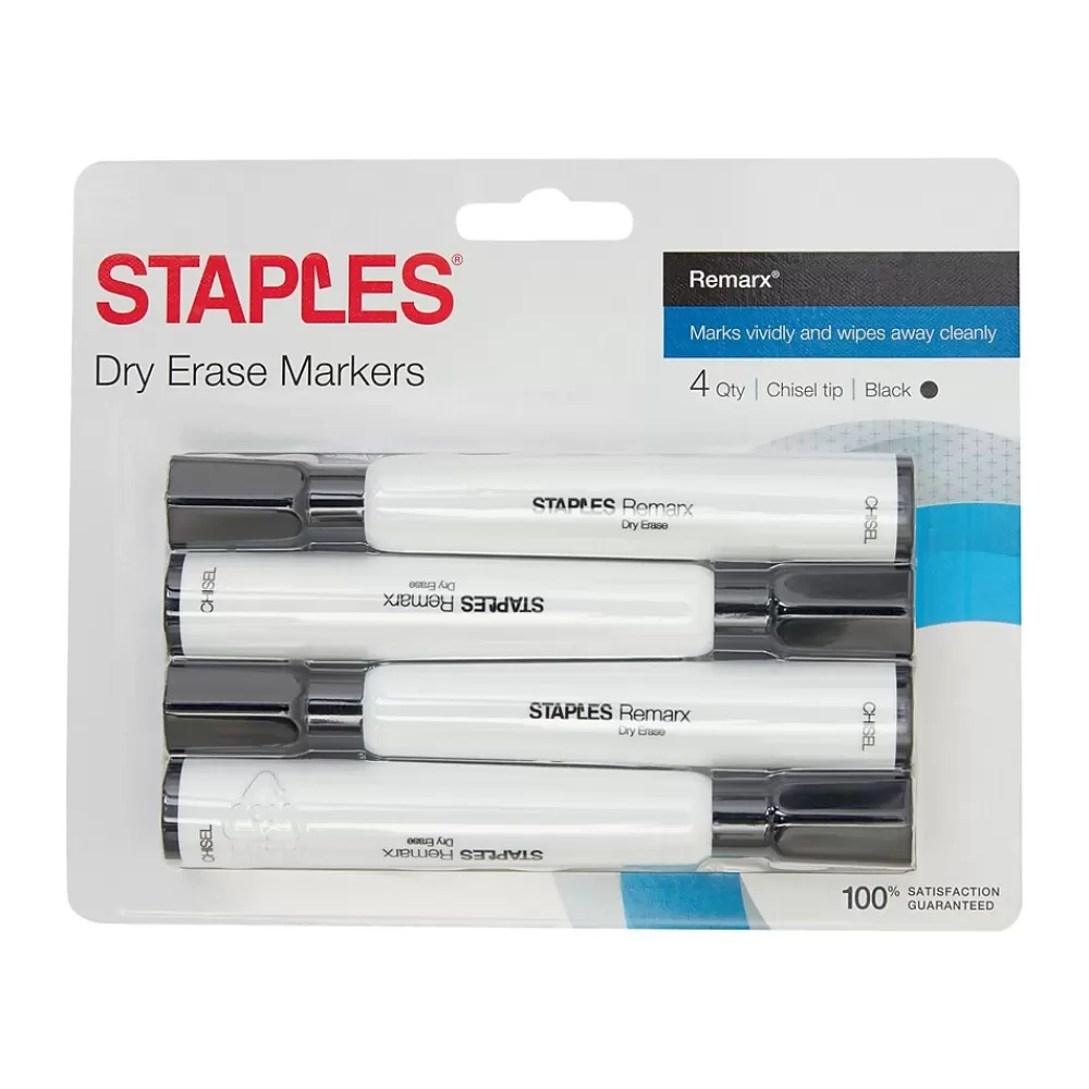 Staples Markers<Remarx Dry Erase Markers, Chisel Point, Black, 4/Pack (29210)