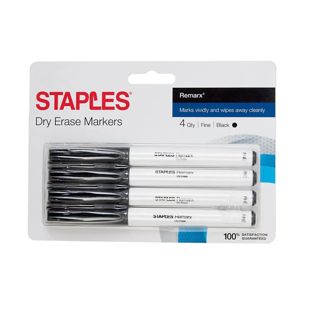 Staples Markers<Remarx Dry Erase Pen-Style Markers, Fine Tip, Black, 4/Pack