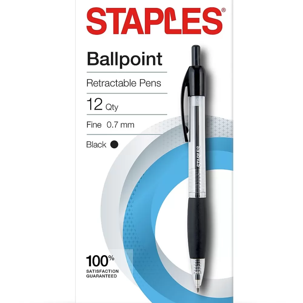 Staples Pens<® Retractable Ballpoint Pens, Fine Point, 0.7mm, Black Ink, Dozen (50786-CC)