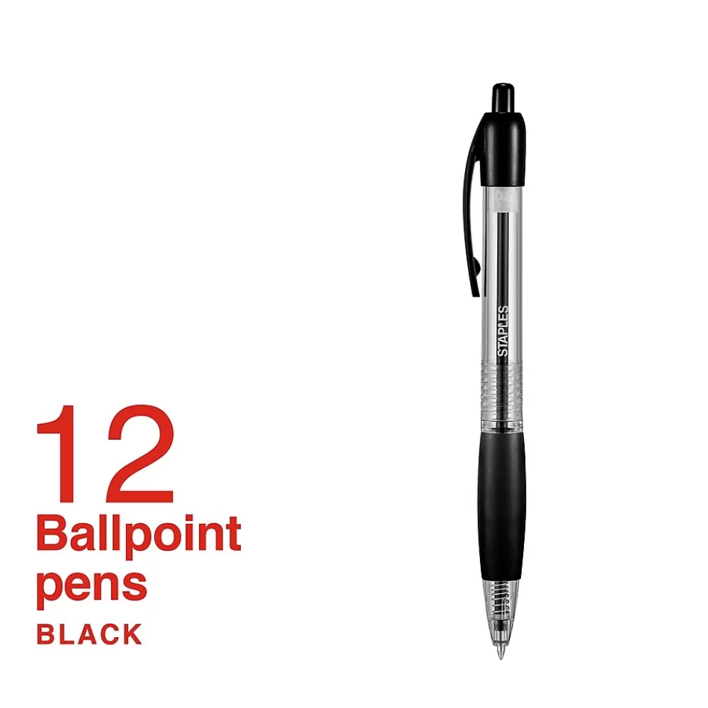 Staples Pens<® Retractable Ballpoint Pens, Fine Point, 0.7mm, Black Ink, Dozen (50786-CC)