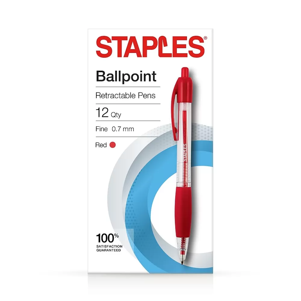 Staples Pens<Retractable Ballpoint Pens, Fine Point, Red Ink, Dozen (50787)