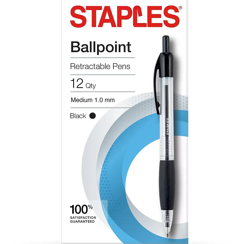 Staples Pens<® Retractable Ballpoint Pens, Medium Point, 1.0mm, Black Ink, Dozen (50793-CC)