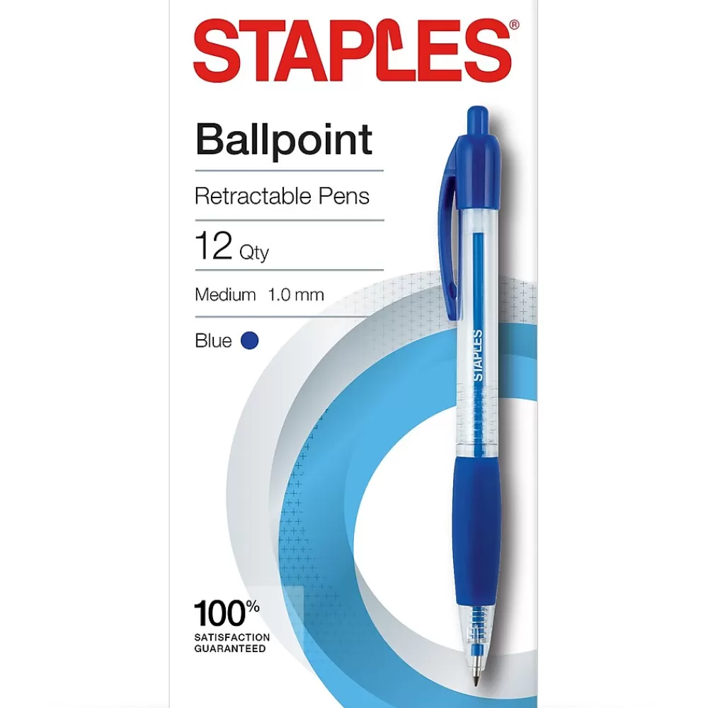 Staples Pens<® Retractable Ballpoint Pens, Medium Point, 1.0mm, Blue Ink, Dozen (50794-CC)