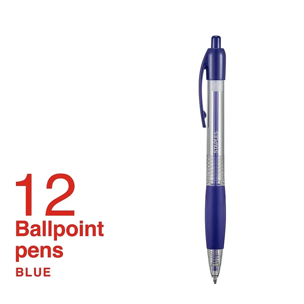 Staples Pens<® Retractable Ballpoint Pens, Medium Point, 1.0mm, Blue Ink, Dozen (50794-CC)