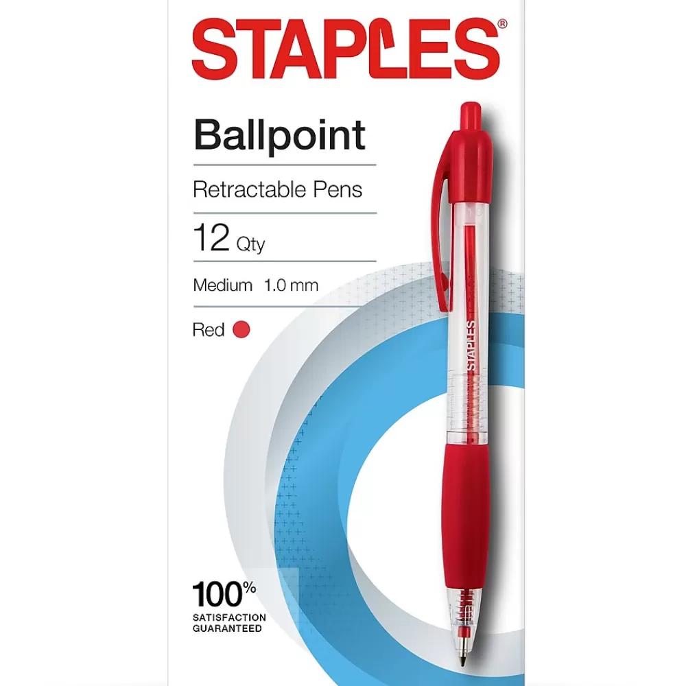 Staples Pens<Retractable Ballpoint Pens, Medium Point, Red Ink, Dozen (50792)