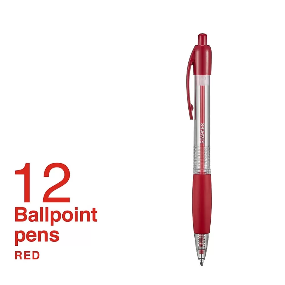 Staples Pens<Retractable Ballpoint Pens, Medium Point, Red Ink, Dozen (50792)