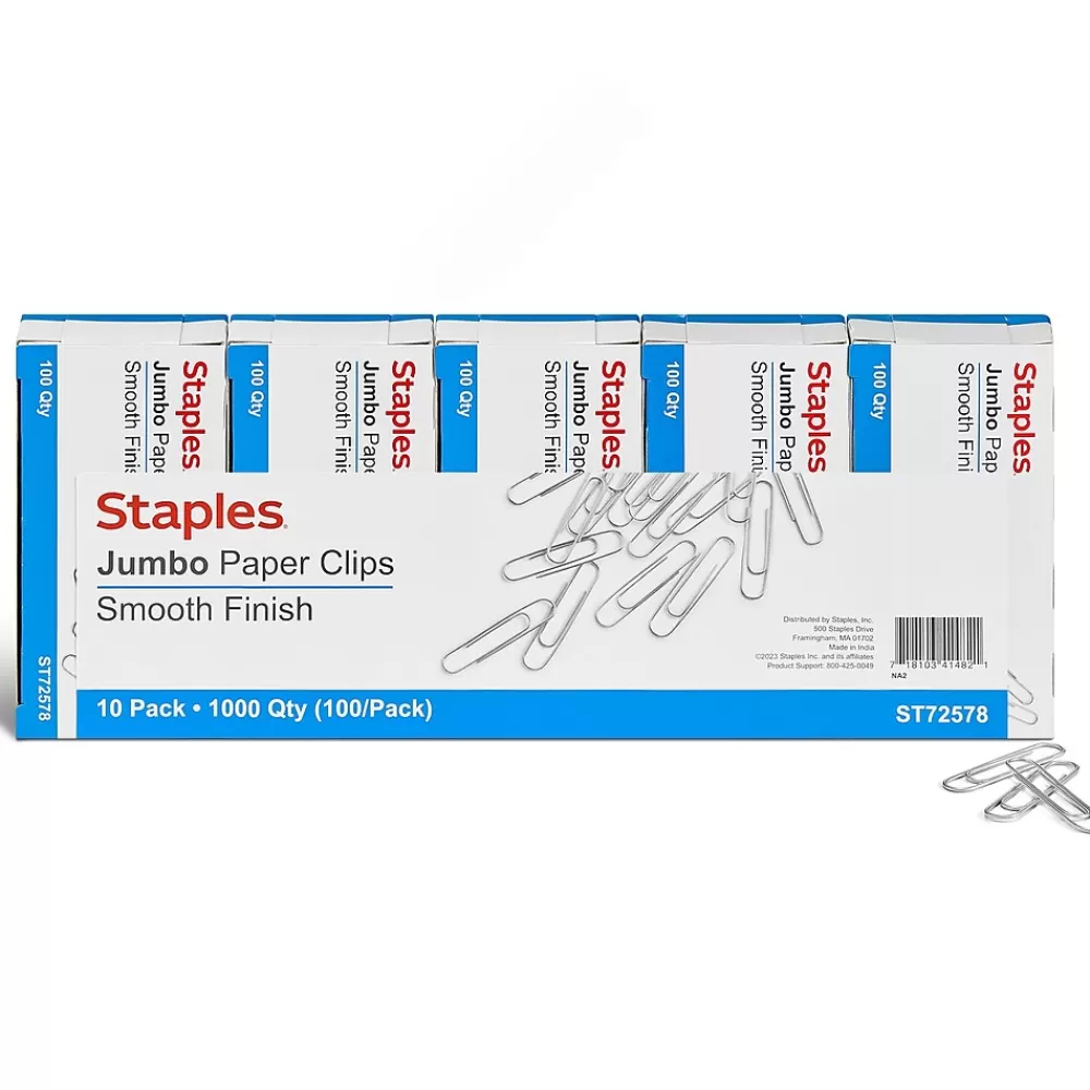 Staples Clips & Fasteners<Smooth Jumbo Paper Clips, Silver, 1000 Clips/Pack, 10/Pack(A7026605/72578)