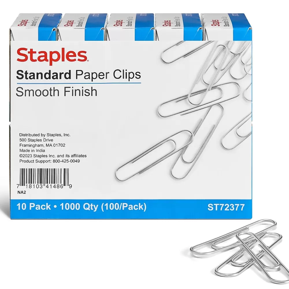 Staples Clips & Fasteners<Smooth Paper Clips, Silver, 100 Clips/Pack, 10/Pack(A7026607/72377)