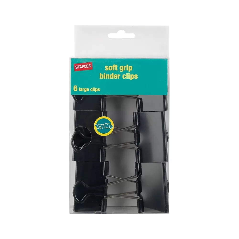 Staples Clips & Fasteners<Soft Grip 2" Binder Clips, Large, Black, 6/Pack (13726)