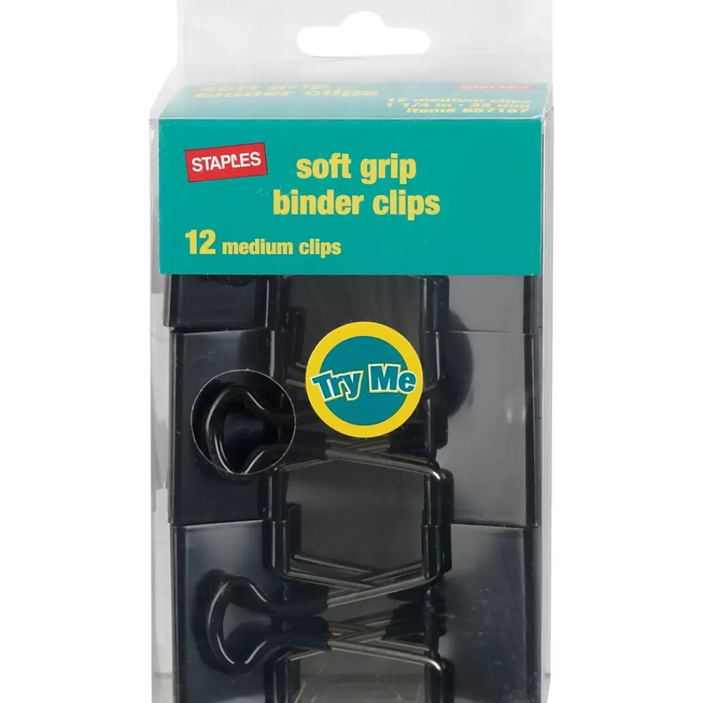 Staples Clips & Fasteners<® Soft Grip Binder Clips, 1 1/4" Width, 5/8" Capacity, Black, 12/Pk