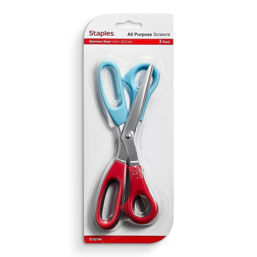 Staples Scissors<Stainless Steel General Purpose Scissors, Pointed Tip, Assorted Colors, 3/Pack (52748)