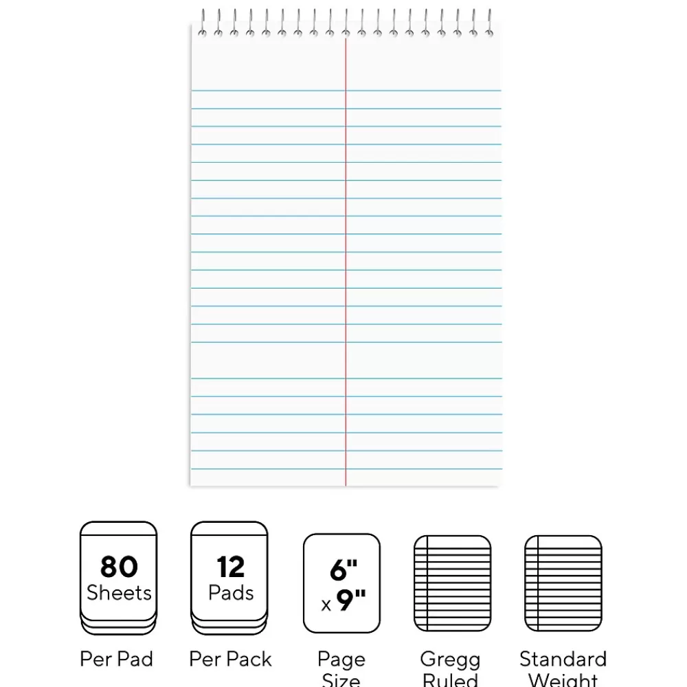 Staples Notepads<Steno Pad, 6" x 9", Gregg Ruled, White, 80 Sheets/Pad, Dozen (ST57354/TR57354)