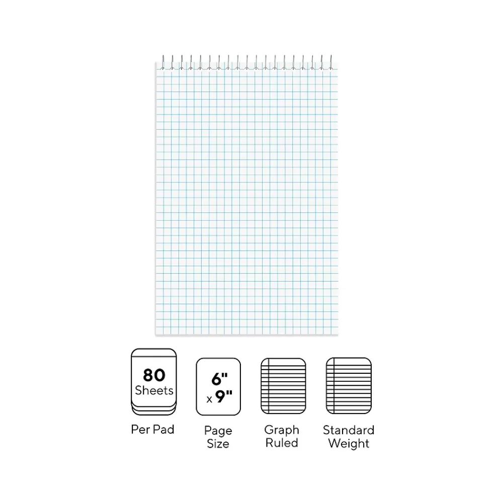 Staples Notepads<Steno Pads, 6" x 9", Graph Ruled, White, 80 Sheets/Pad, 6 Pads/Pack (ST57352)