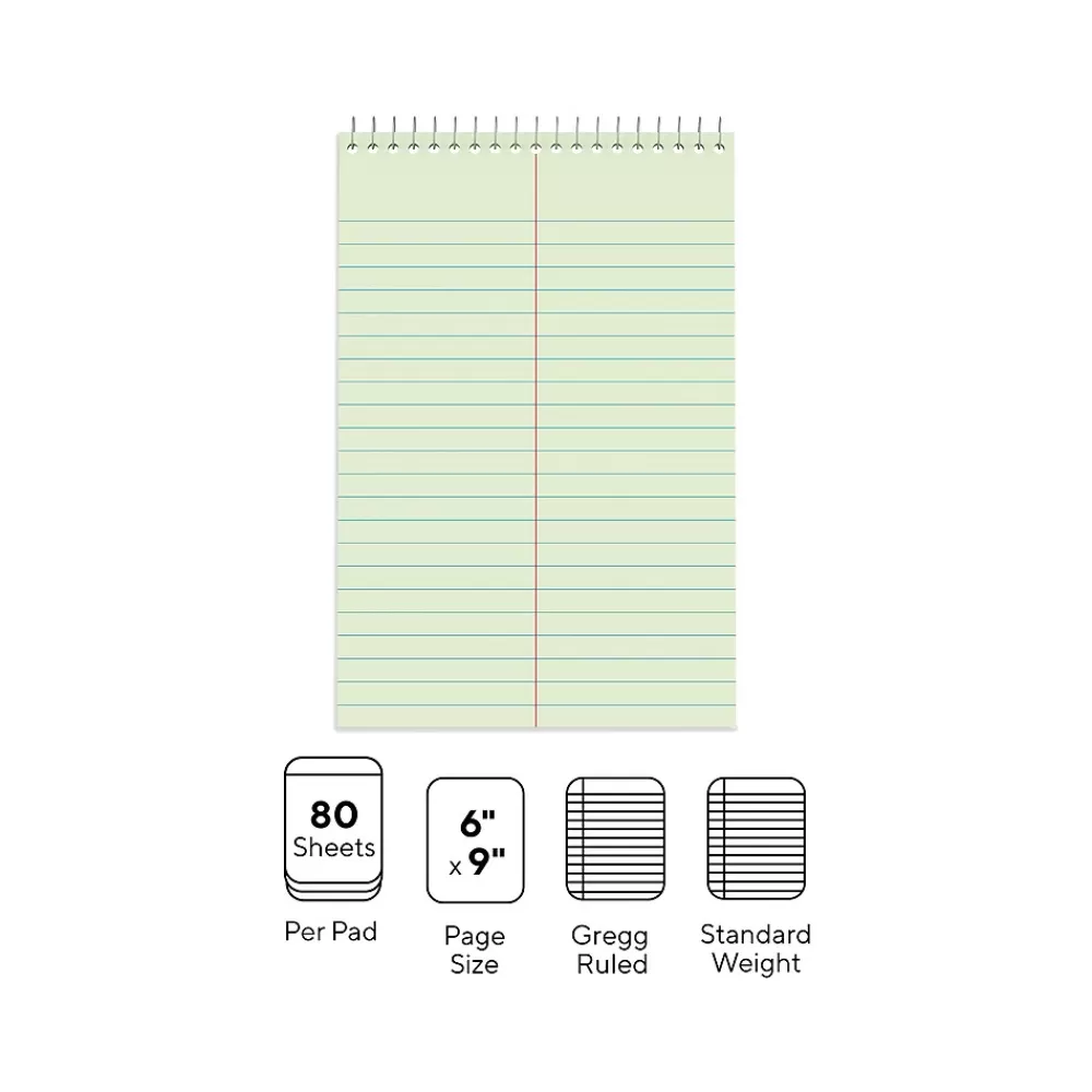 Staples Notepads<Steno Pads, 6" x 9", Gregg Ruled, Green, 80 Sheets/Pad, Dozen Pads/Pack (ST57353)