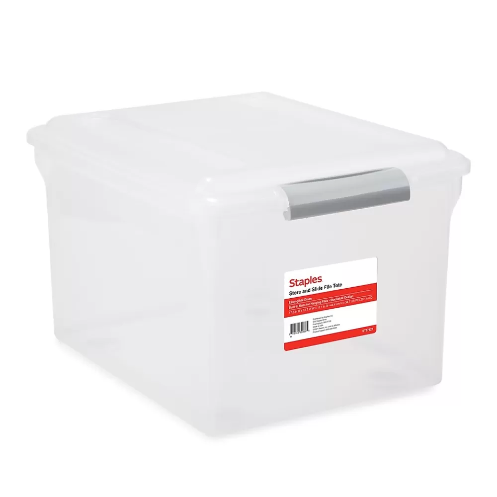 Staples File Storage<Store & Slide Plastic File Box Latching, Letter/Legal Size, Clear (140167/139997)