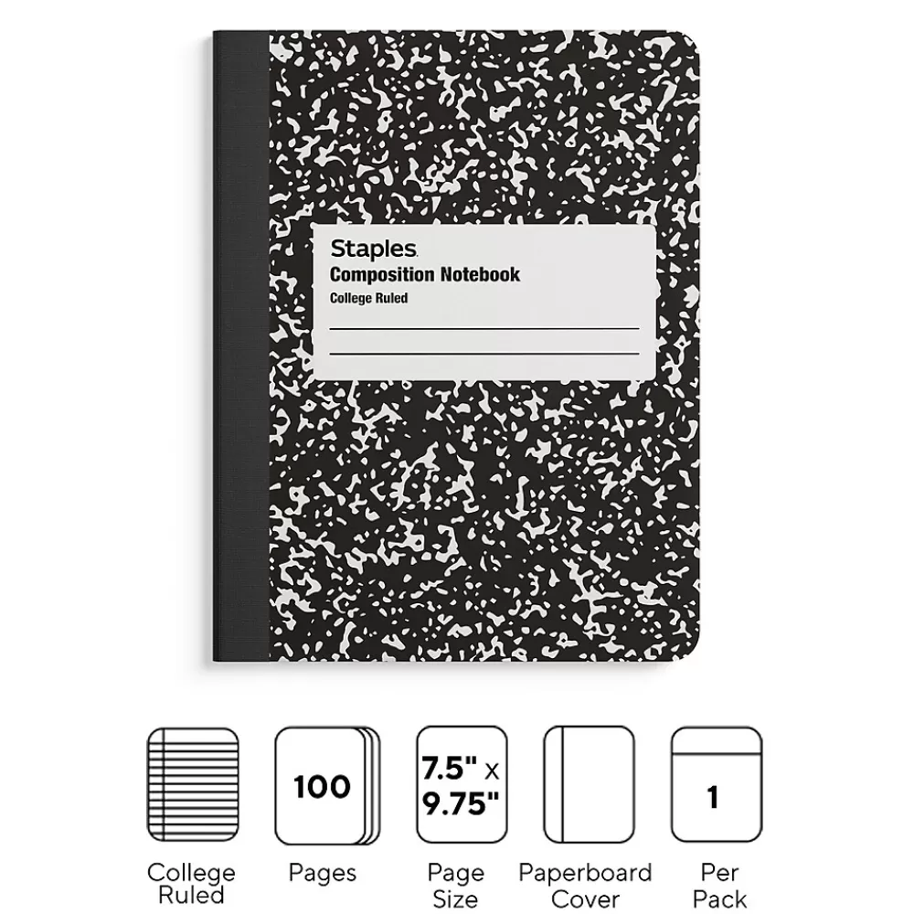 Staples Composition Notebooks<1-Subject Composition Notebook, 7.5" x 9.75", College Ruled, 100 Sheets, Black (ST55064C)