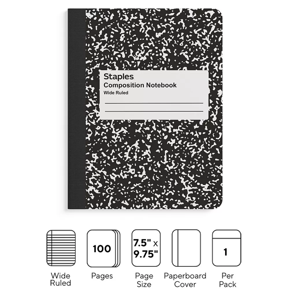 Staples Notebooks<1-Subject Composition Notebook, 7.5" x 9.75", Wide Ruled, 100 Sheets, (ST55076C)