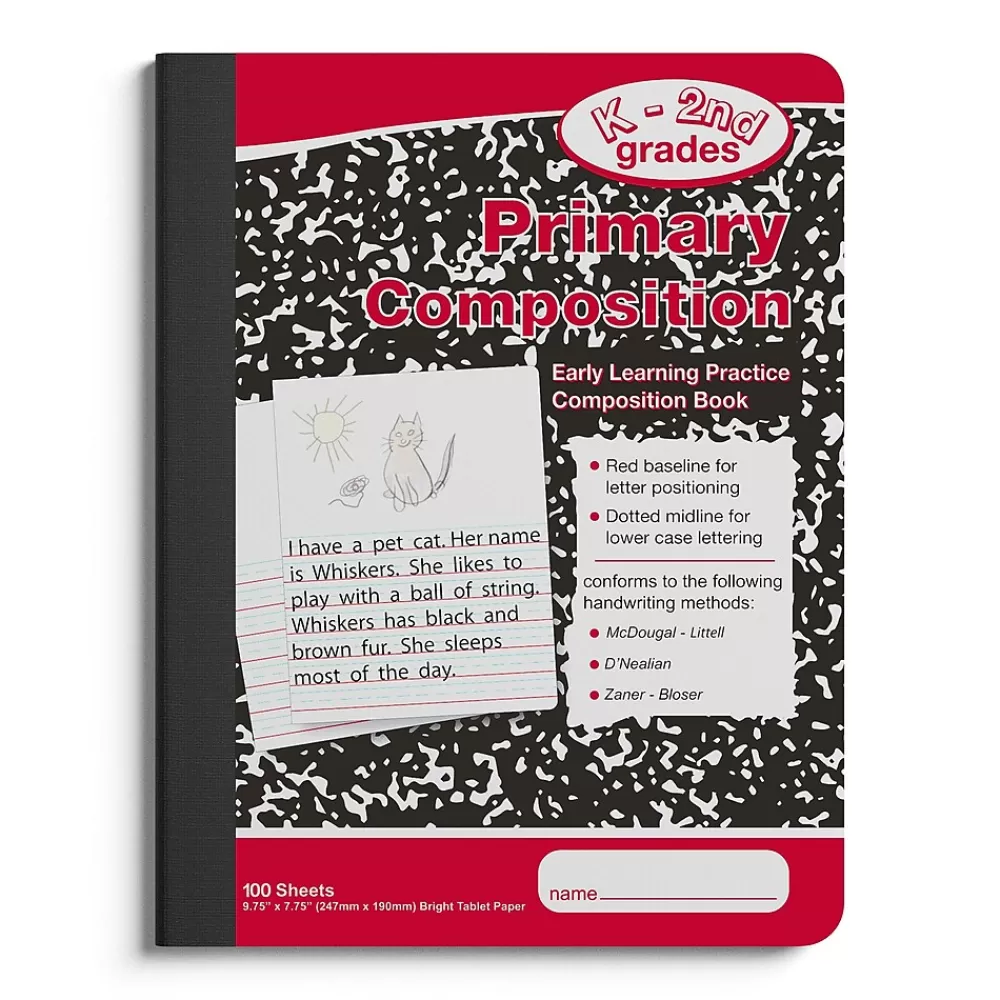 Staples Notebooks<1-Subject Composition Notebooks, 7.5" x 9.75", Primary Ruled, 100 Sheets, Black/Red (42079C)