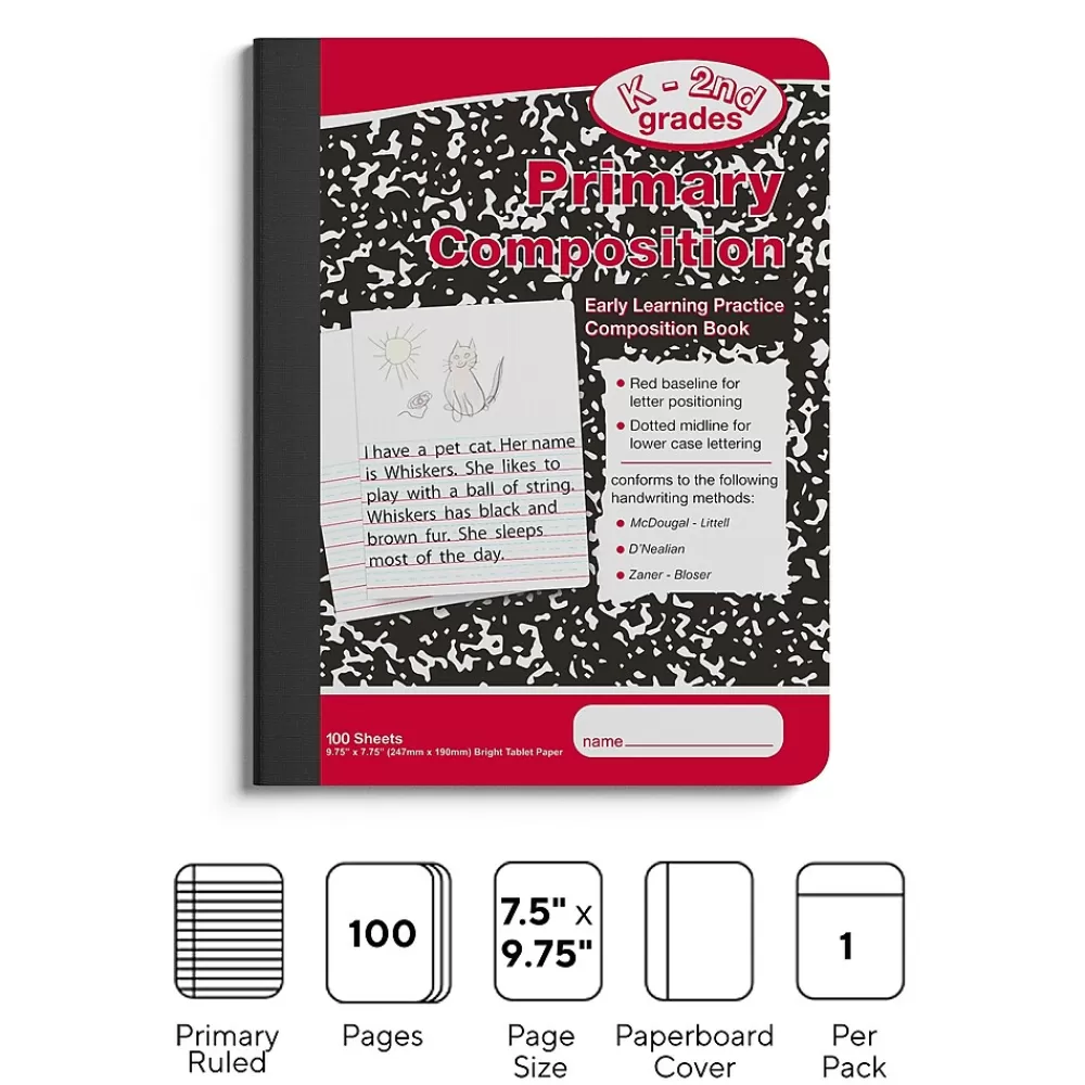 Staples Notebooks<1-Subject Composition Notebooks, 7.5" x 9.75", Primary Ruled, 100 Sheets, Black/Red (42079C)