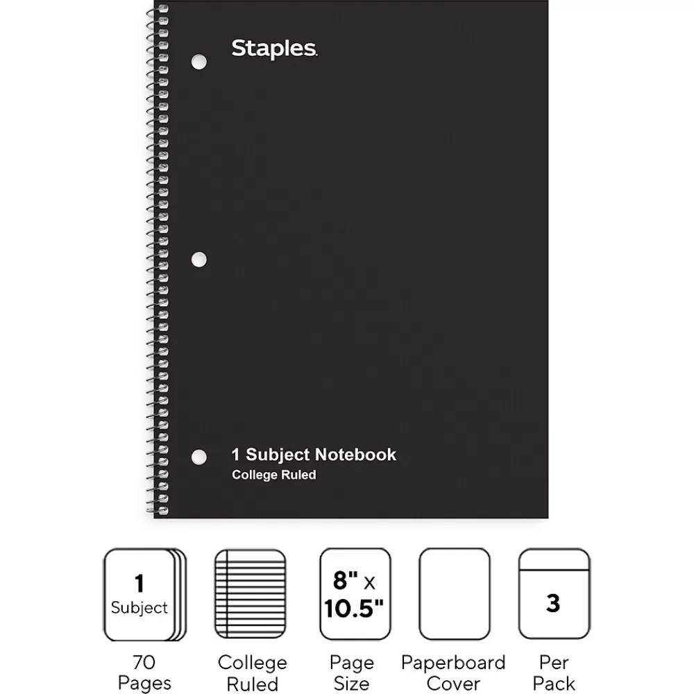 Staples Subject Notebooks<1-Subject Notebook, 8.5" x 10.5", College Ruled, 70 Sheets, Black, 3/Pack (ST58373)