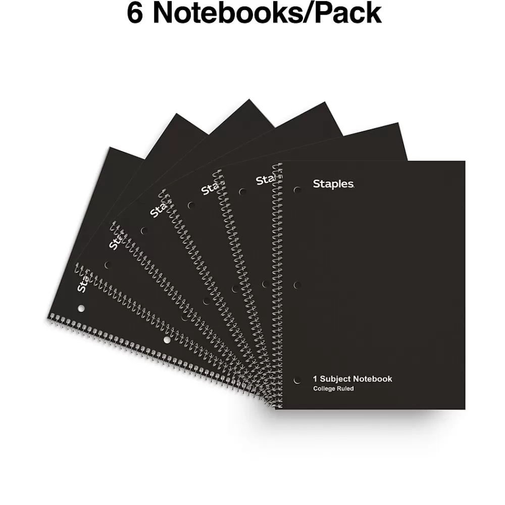 Staples Subject Notebooks<1-Subject Notebook, 8" x 10.5", College Ruled, 70 Sheets, Black, 6/Pack (TR58374)