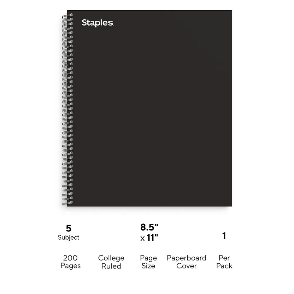 Staples Subject Notebooks<5-Subject Notebook, 8.5" x 11", College Ruled, 200 Sheets, Black (TR58363)