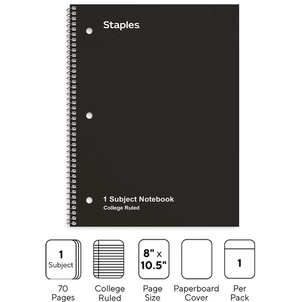 Staples Subject Notebooks<1-Subject Notebook, 8" x 10.5", College Ruled, 70 Sheets, (TR27499)