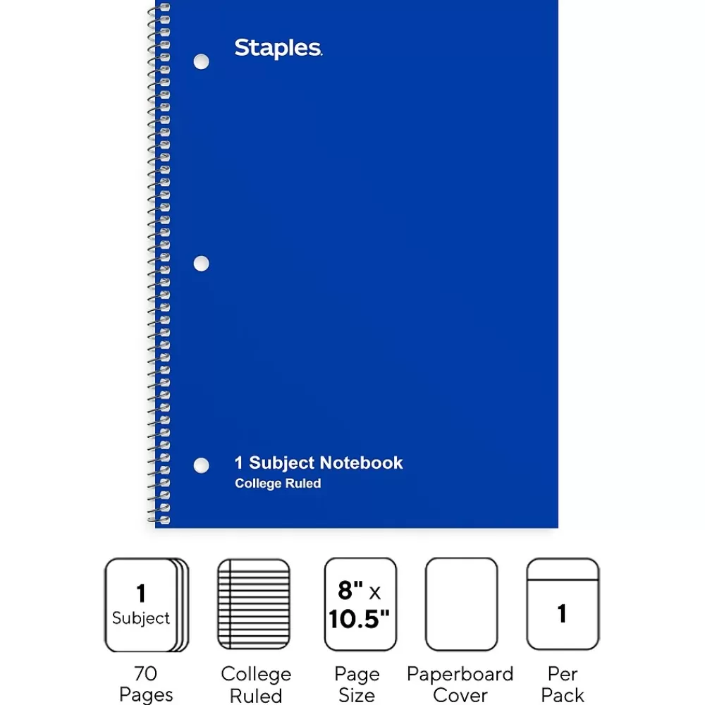 Staples Subject Notebooks<1-Subject Notebook, 8" x 10.5", College Ruled, 70 Sheets, (TR27500)