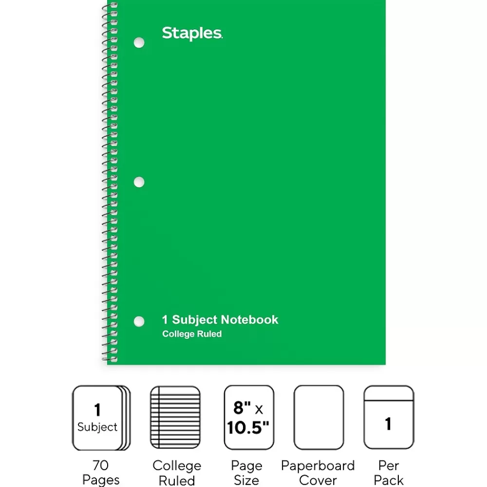 Staples Subject Notebooks<1-Subject Notebook, 8" x 10.5", College Ruled, 70 Sheets, (TR27502)