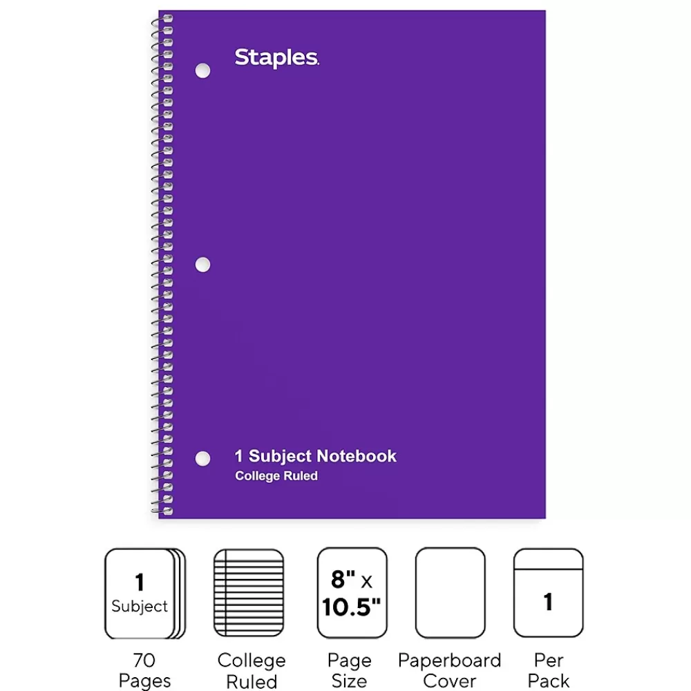 Staples Subject Notebooks<1-Subject Notebook, 8" x 10.5", College Ruled, 70 Sheets, (TR27501)