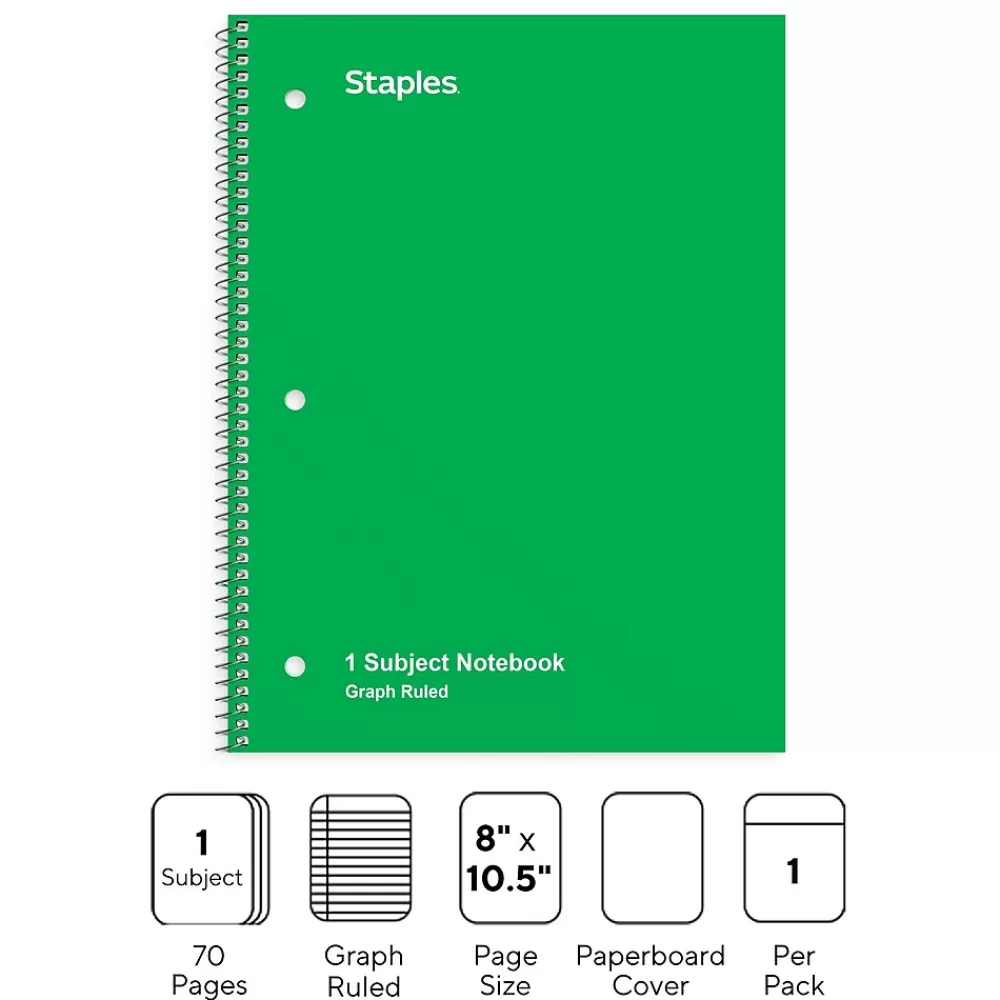 Staples Notebooks<1-Subject Notebook, 8" x 10.5", Graph Ruled, 70 Sheets, (ST23987C)