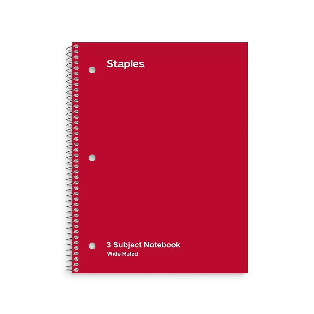 Staples Subject Notebooks<3-Subject Notebook, 8" x 10.5", Wide Ruled, 120 Sheets, Assorted Colors, 3/Pack (TR11669)