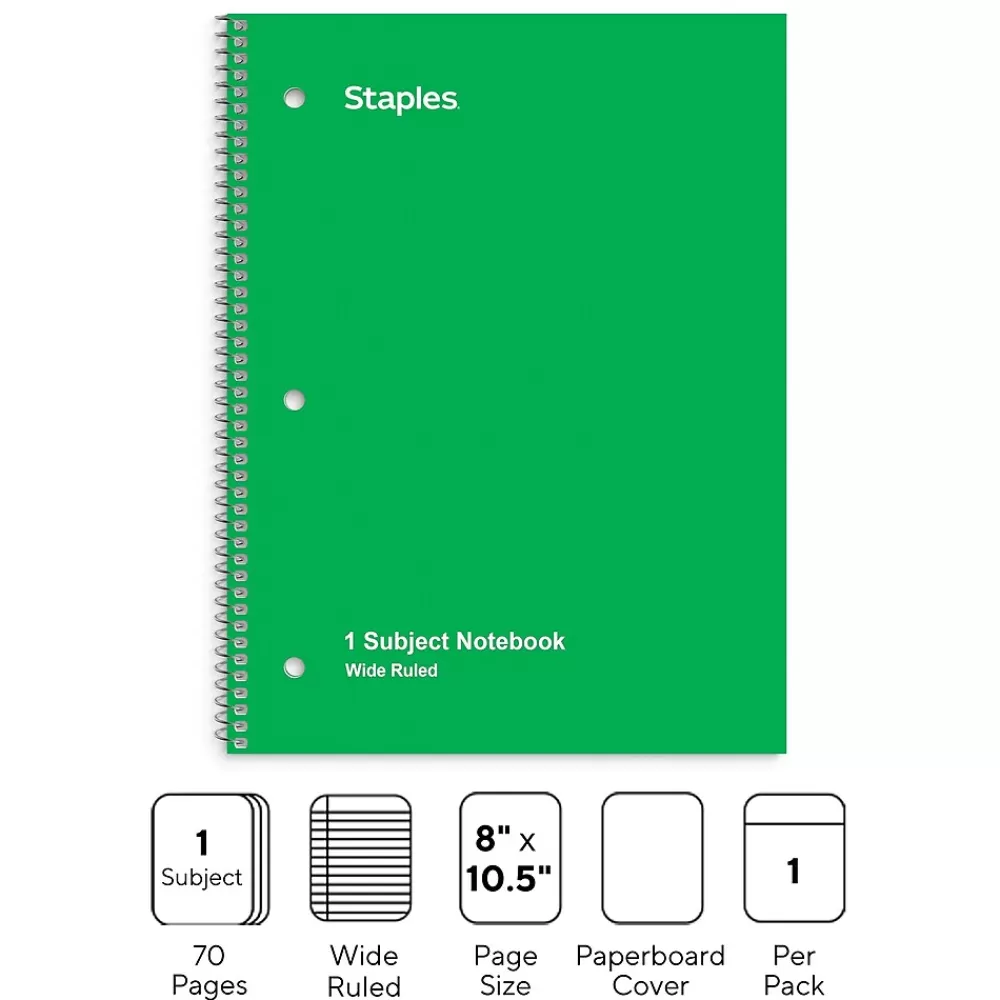 Staples Subject Notebooks<1-Subject Notebook, 8" x 10.5", Wide Ruled, 70 Sheets, (TR24006)