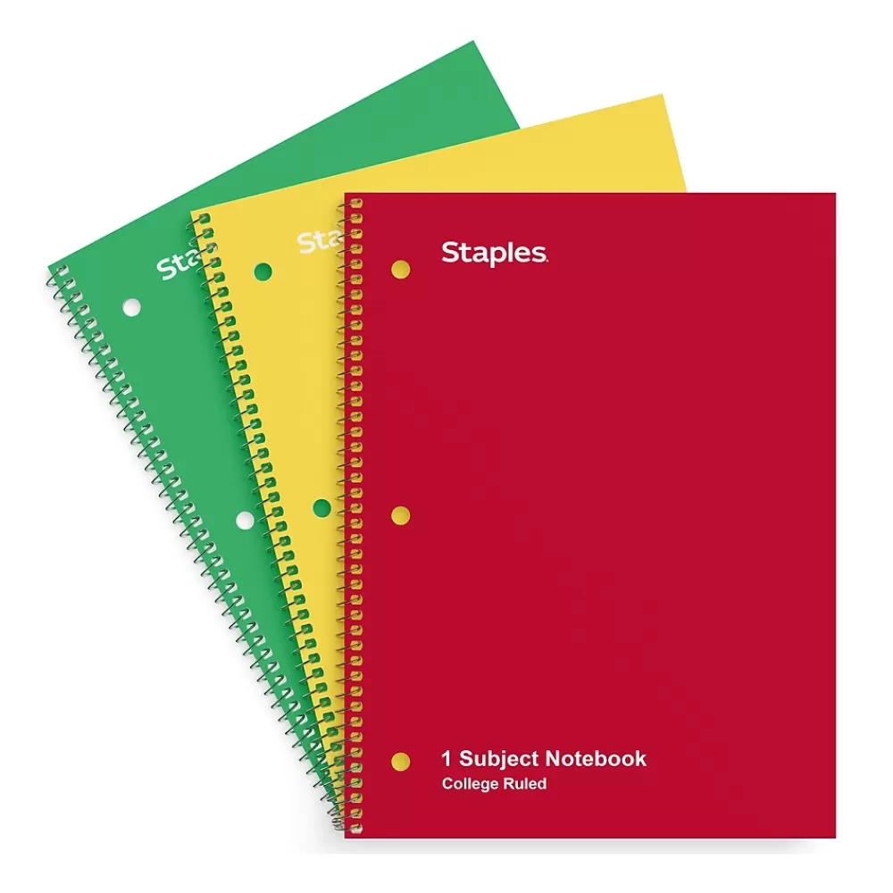 Staples Subject Notebooks<1-Subject Notebooks, 8" x 10.5", College Ruled, 70 Sheets, Assorted Colors, 3/Pack (ST58375C)