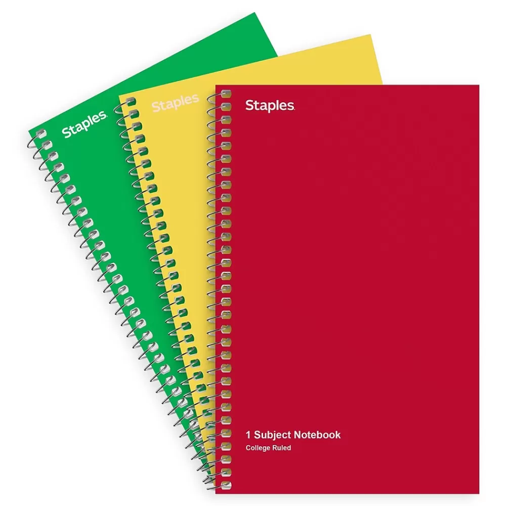 Staples Subject Notebooks<1-Subject Notebooks, 5" x 7.75", College Ruled, 80 Sheets, Assorted Colors, 3/Pack (ST11670C)