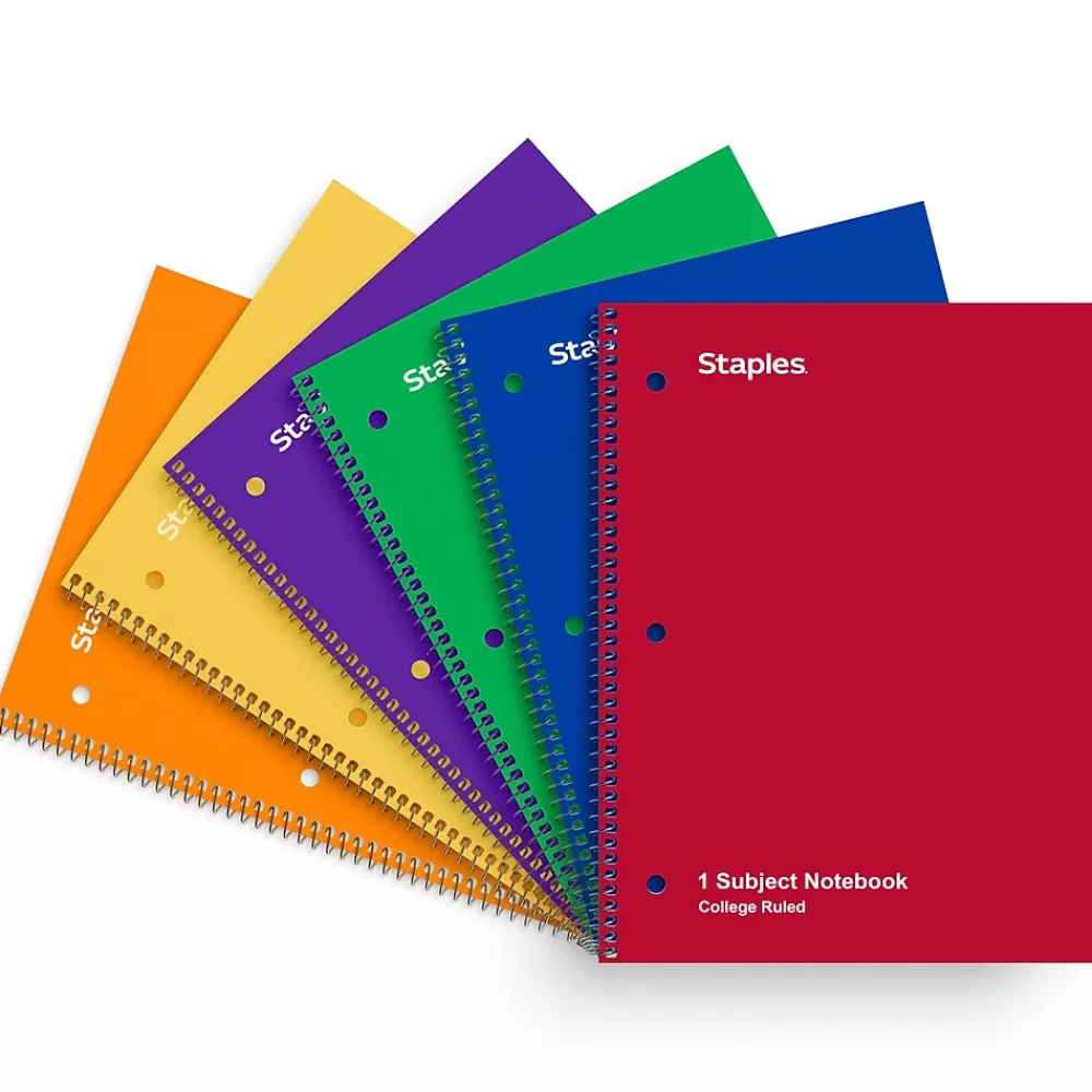 Staples Subject Notebooks<1-Subject Notebooks, 8" x 10.5", College Ruled, 70 Sheets, Assorted Colors, 6/Pack (ST58376C)