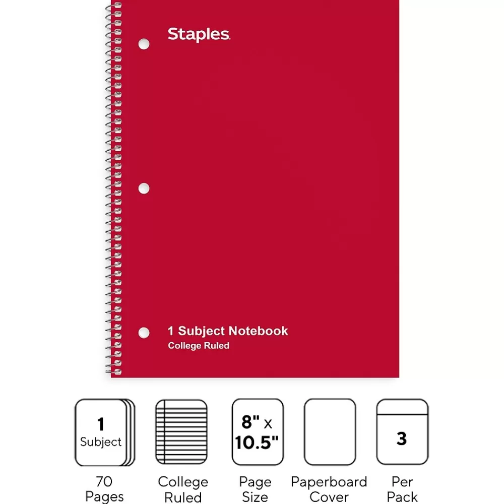 Staples Subject Notebooks<1-Subject Notebooks, 8" x 10.5", College Ruled, 70 Sheets, Assorted Colors, 3/Pack (ST58375C)