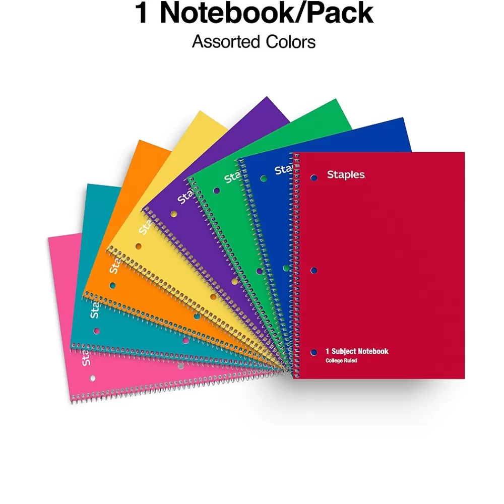 Staples Subject Notebooks<1-Subject Notebooks, 8" x 10.5", College Ruled, 70 Sheets, Assorted Colors (ST54891C)