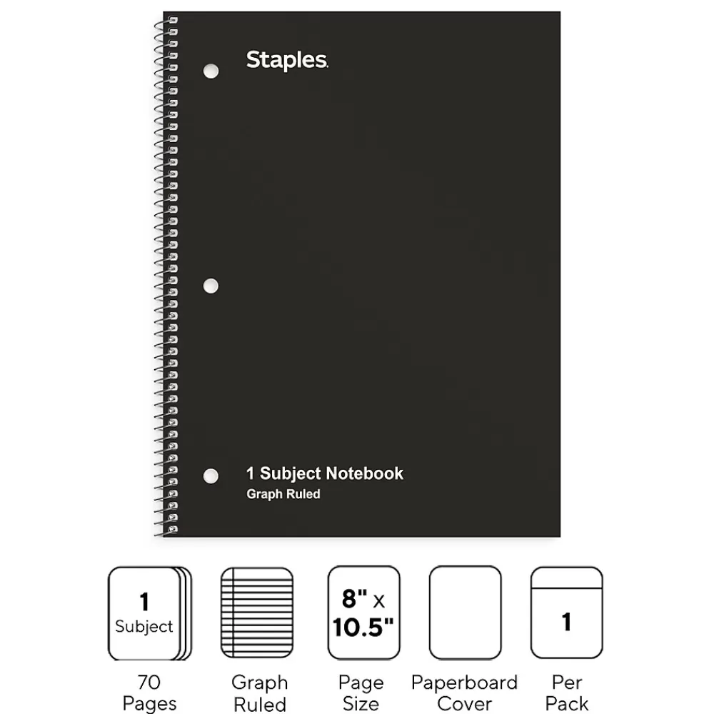 Staples Subject Notebooks<1-Subject Notebooks, 8" x 10.5", Graph Ruled, 70 Sheets, (ST23986C)