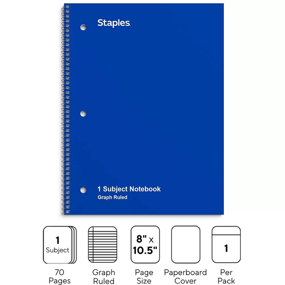 Staples Subject Notebooks<1-Subject Notebooks, 8" x 10.5", Graph Ruled, 70 Sheets, (ST23985C)