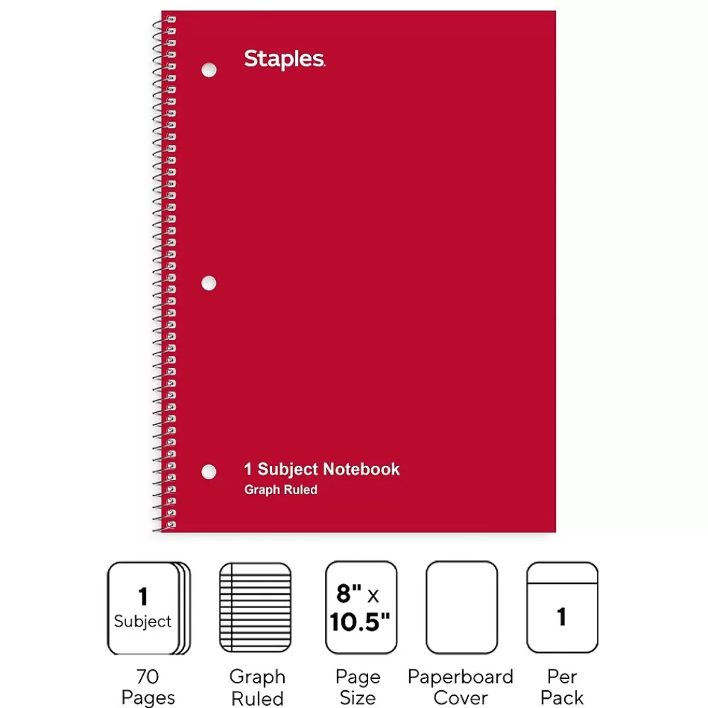 Staples Subject Notebooks<1-Subject Notebooks, 8" x 10.5", Graph Ruled, 70 Sheets, (ST23984C)